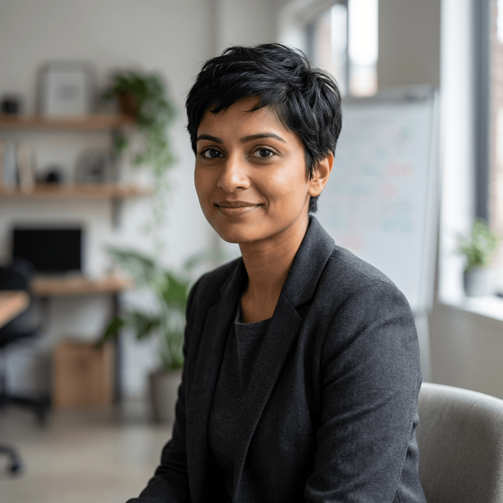 Maya Lindqvist, a product manager in her early 30s, with a focused and curious expression
