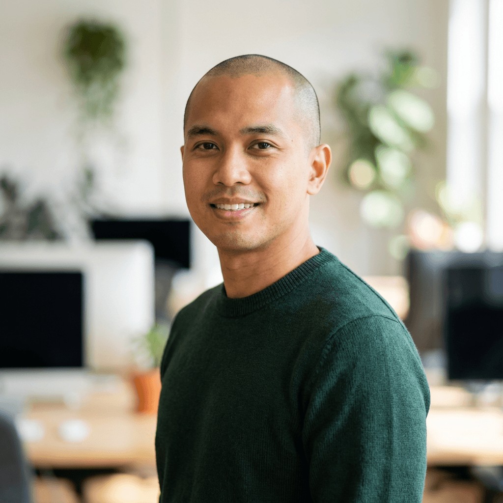 Male engineer in his late 30s, East Asian, thoughtful professional look