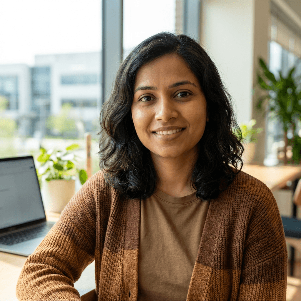 Female parent in her early 40s, South Asian, warm and attentive expression