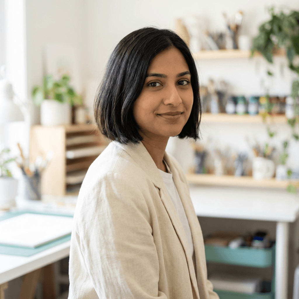 Priya Raghavan, a design manager in her late 20s, with a professional yet relaxed look