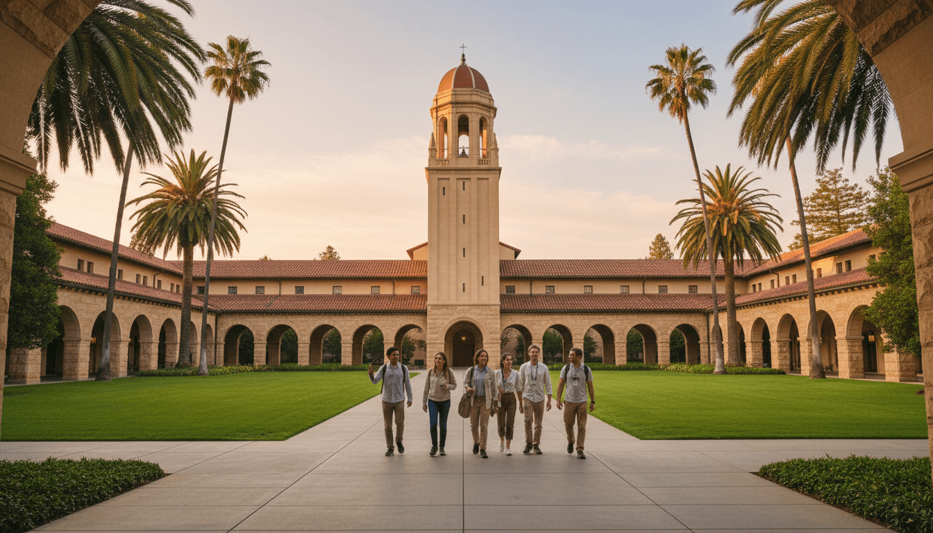 Tour group walking through Stanford University's Main Quad with Memorial Church in the background