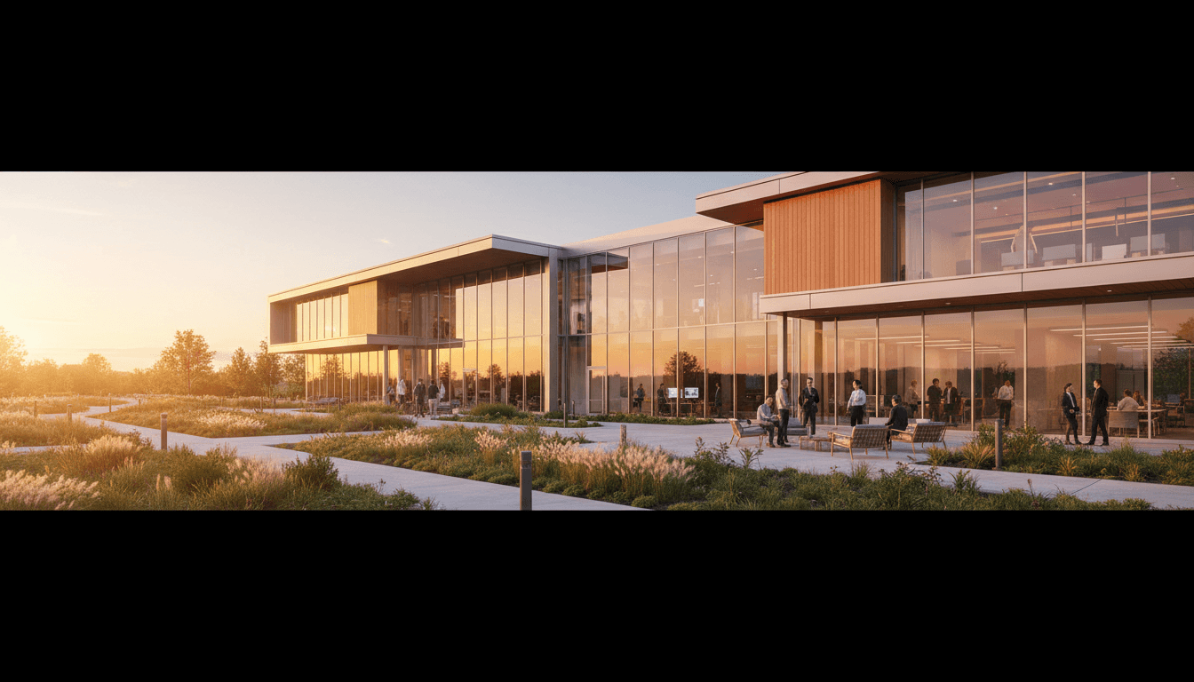 Modern tech campus with glass buildings and green spaces